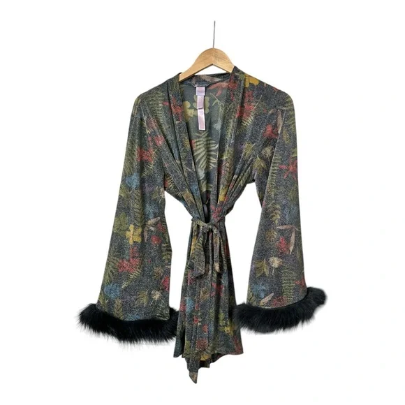 Savage X Fenty Trophy Wife Robe Metallic Island Print Sleeves Faux Fur Size M/L - Picture 11 of 16